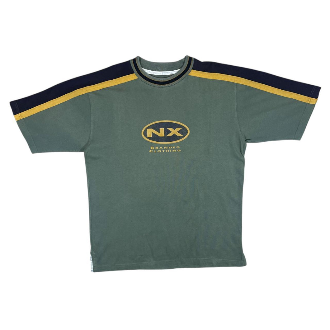 Early 00's NX BRANDED CLOTHING Logo Graphic Colour Block Short Sleeve T-Shirt