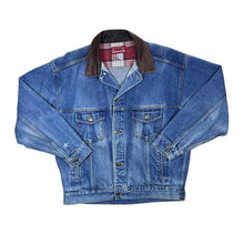 Load image into Gallery viewer, Vintage 90&#39;s MARLBORO COUNTRY STORE Brown Leather Collared Blue Denim Trucker Jacket
