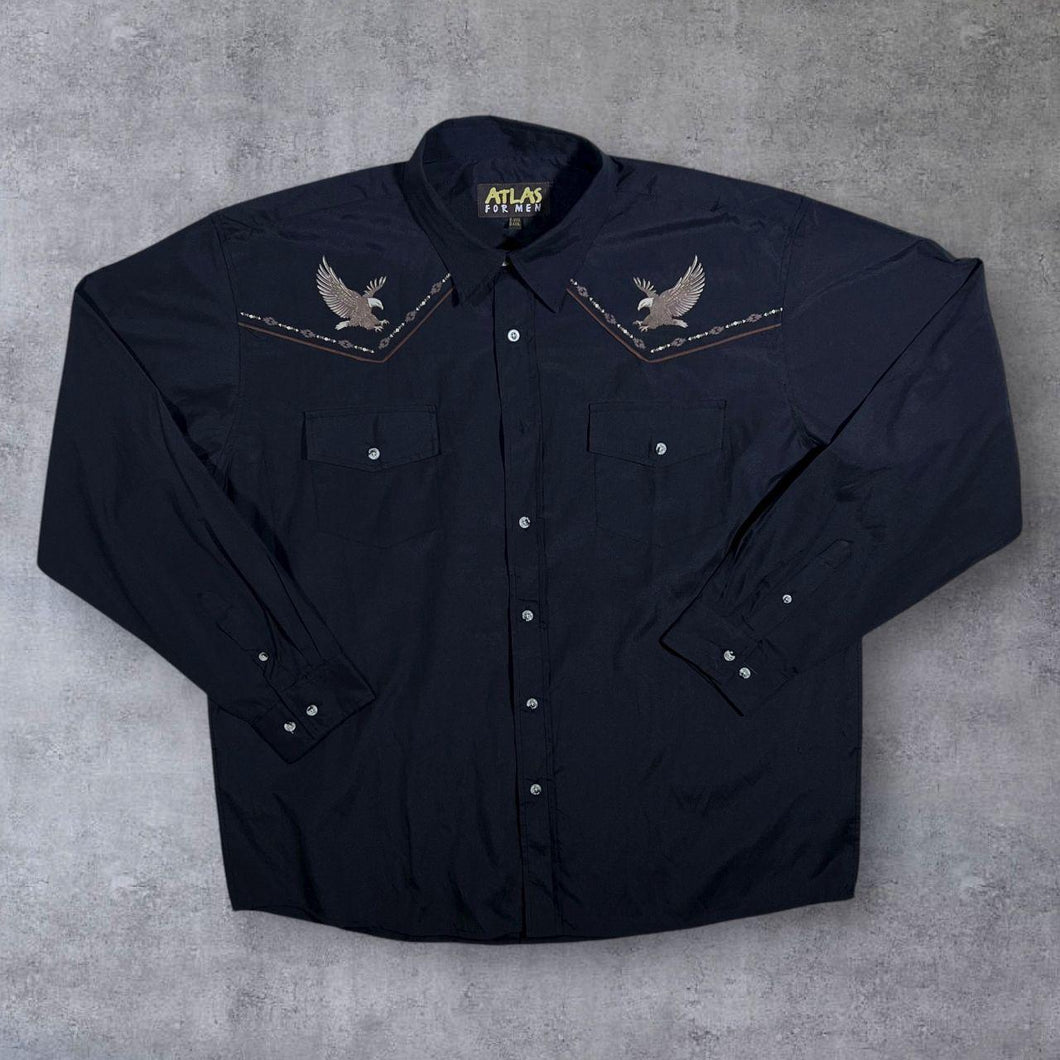 Atlas For Men Cowboy Western Eagle Graphic Panel Black Long Sleeve Cotton Shirt