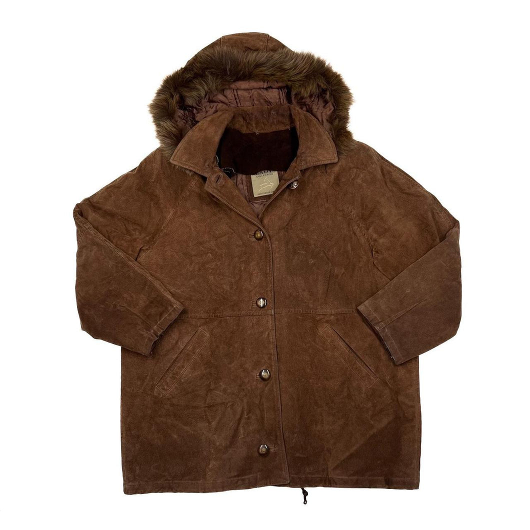 Vintage 90’s LADY COLLECTION Italian Suede Leather Fur Trim Hooded Jacket