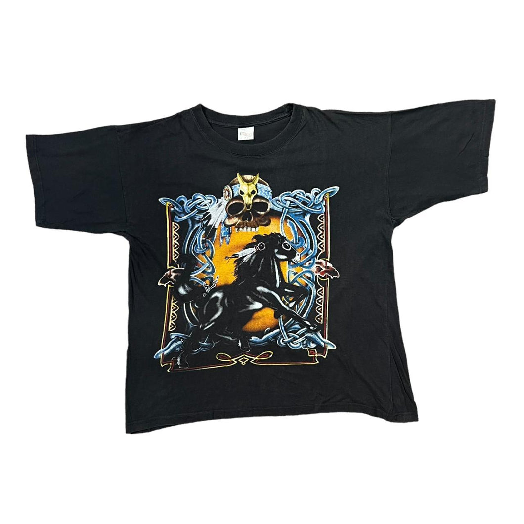 Vintage AMERICAN FLAG Gothic Native American Horse Skull Graphic T-Shirt