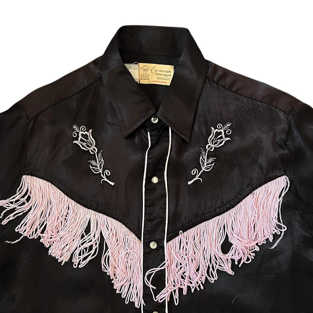 Vintage Caravan Made In Canada Black Pink Cowboy Western Tasselled Long Sleeve Shirt