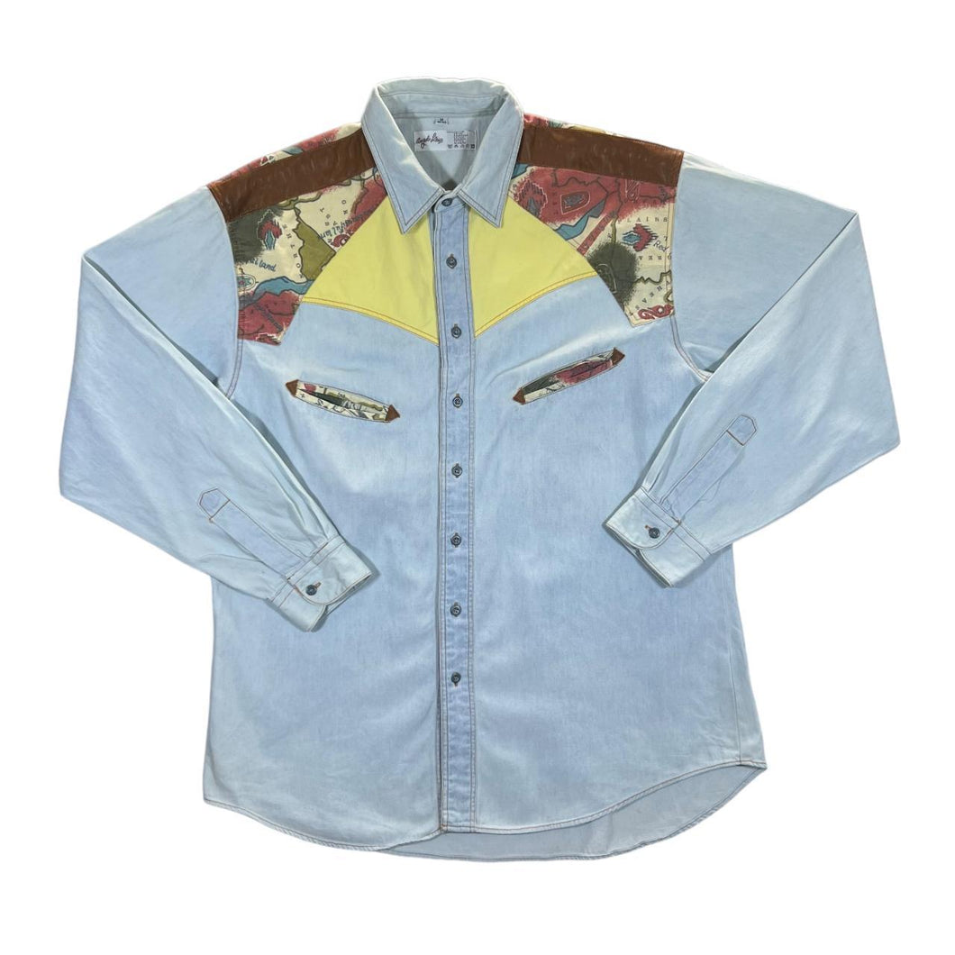 Vintage ANGELO LITRICO Western Cowboy Long Sleeve Blue Denim Shirt