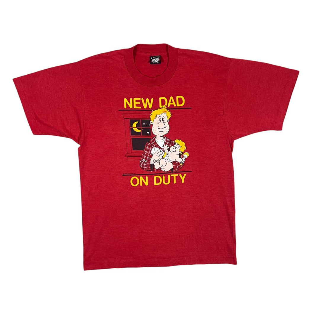 Vintage Screen Stars (1988) NEW DAD ON DUTY Novelty Cartoon Spellout Graphic Single Stitch T-Shirt