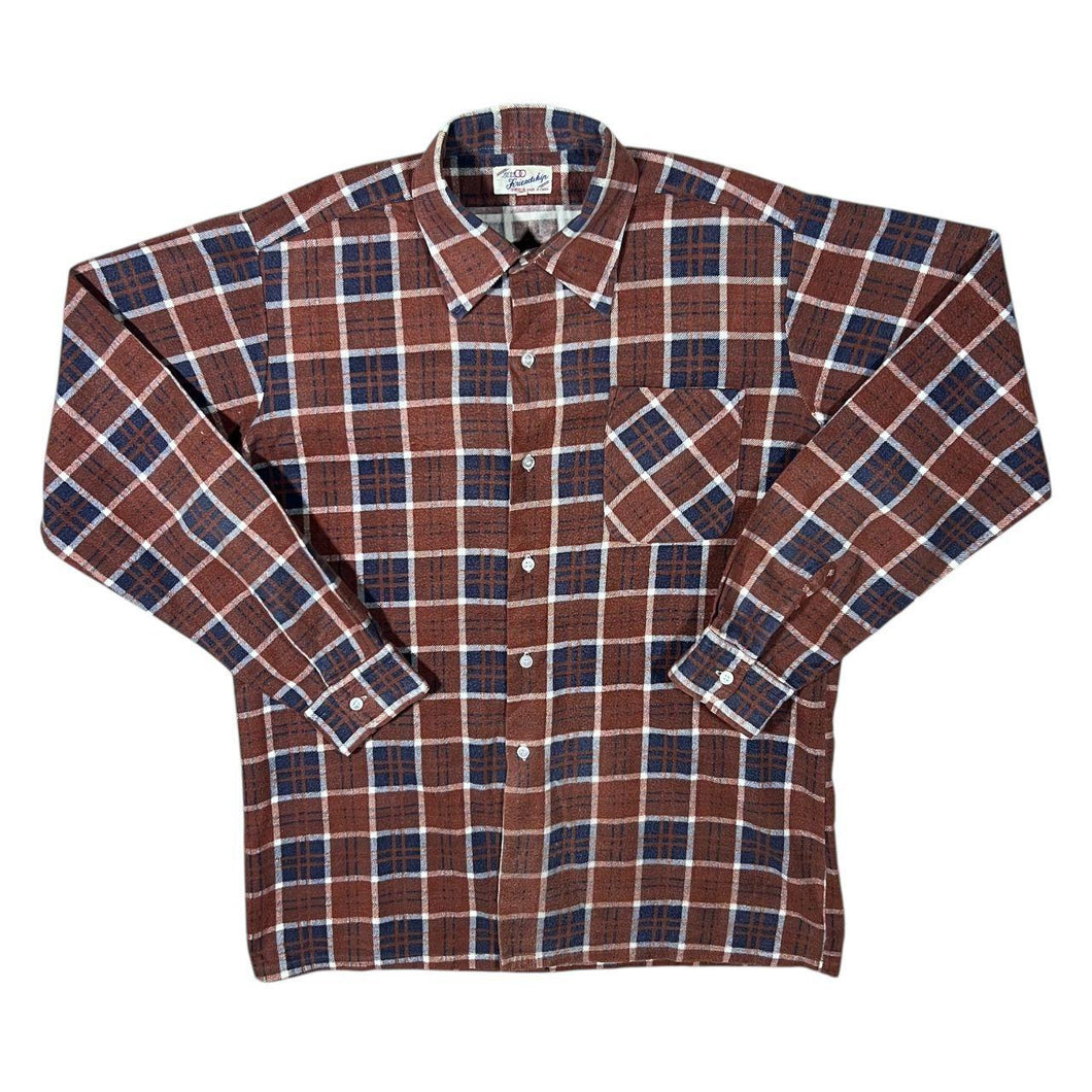 Vintage Friendship Brown Navy White Plaid Check Long Sleeve Flannel Shirt
