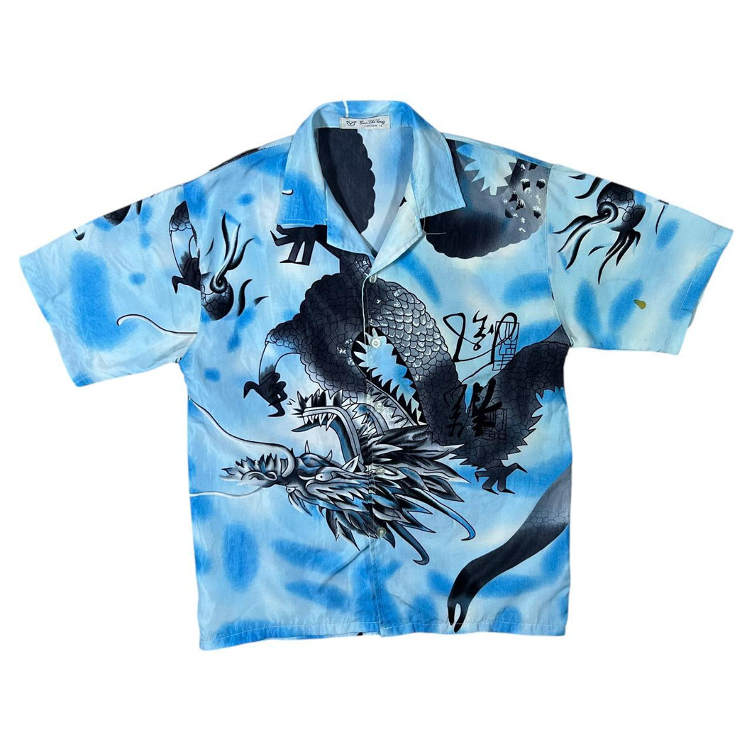 Early 00's Guo Lhi Ting Gothic Y2K Dragon Graphic Blue Mix Short Sleeve Shirt
