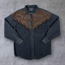 Load image into Gallery viewer, Vintage Faux Brown Leather Panel Cowboy Western Washed Black Denim Long Sleeve Shirt
