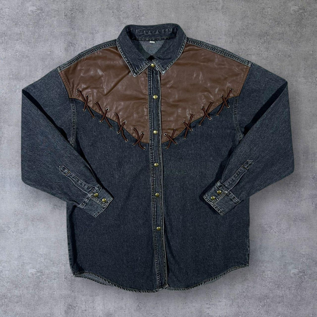 Vintage Faux Brown Leather Panel Cowboy Western Washed Black Denim Long Sleeve Shirt