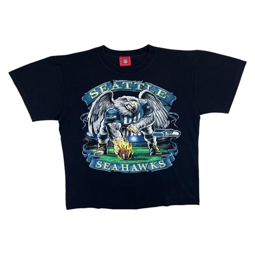 NFL Seattle Seahawks Football Mascot Spellout Graphic Black T-Shirt