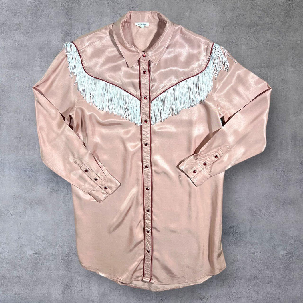 Love Stories Cowboy Western Pink White Tasselled Viscose Popper Long Sleeve Shirt