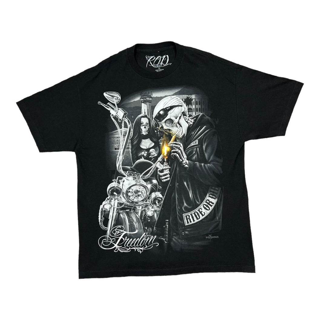 RIDE OR DIE Gothic Biker Skeleton Spellout Graphic T-Shirt