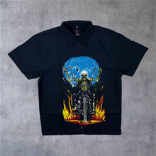 Load image into Gallery viewer, Fried Water Gothic Horror Flaming Biker Skeleton Graphic Black Shirt
