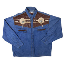 Load image into Gallery viewer, Vintage Stockerpoint Cowboy Western Blue Denim Leather Panel Popper Long Sleeve Shirt
