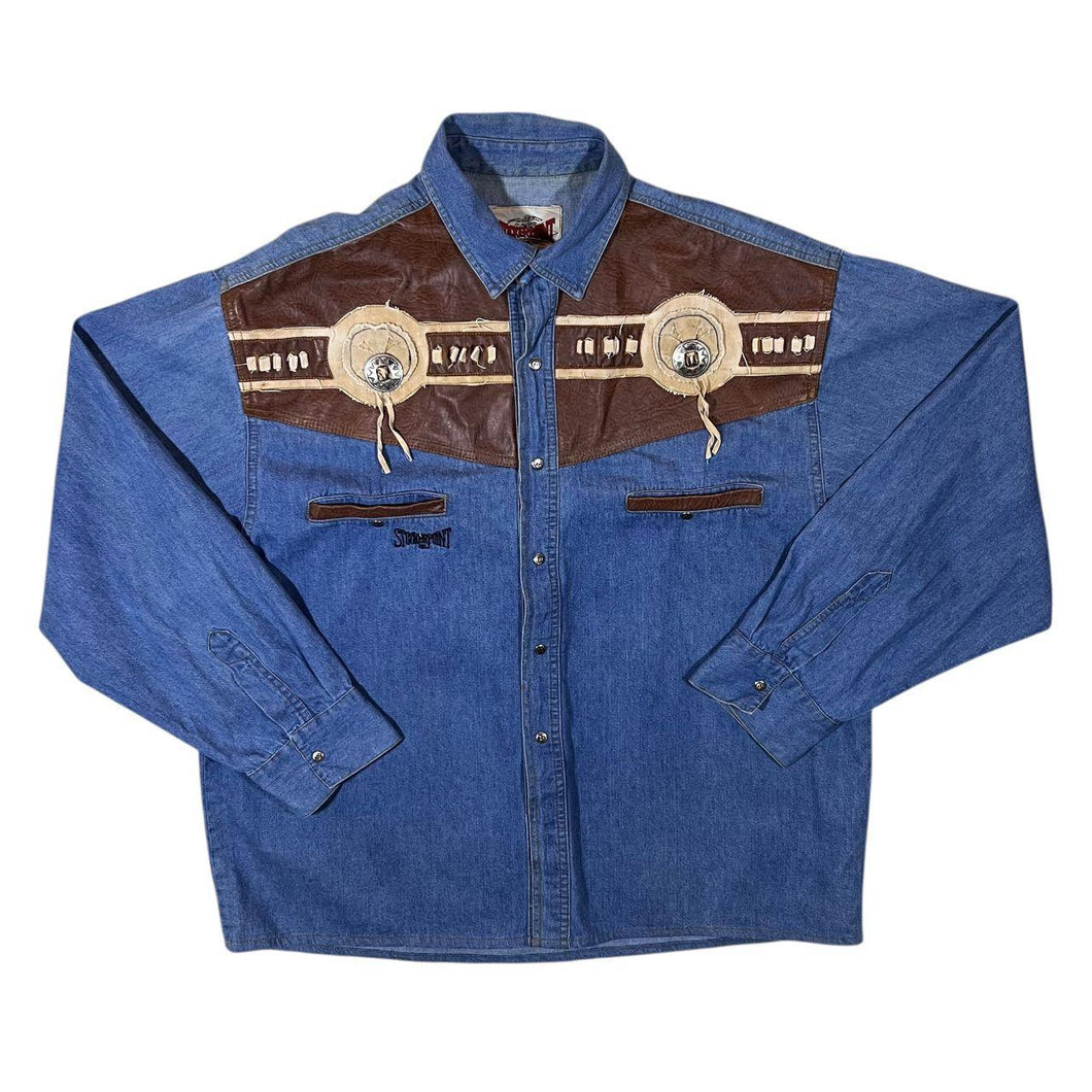 Vintage Stockerpoint Cowboy Western Blue Denim Leather Panel Popper Long Sleeve Shirt