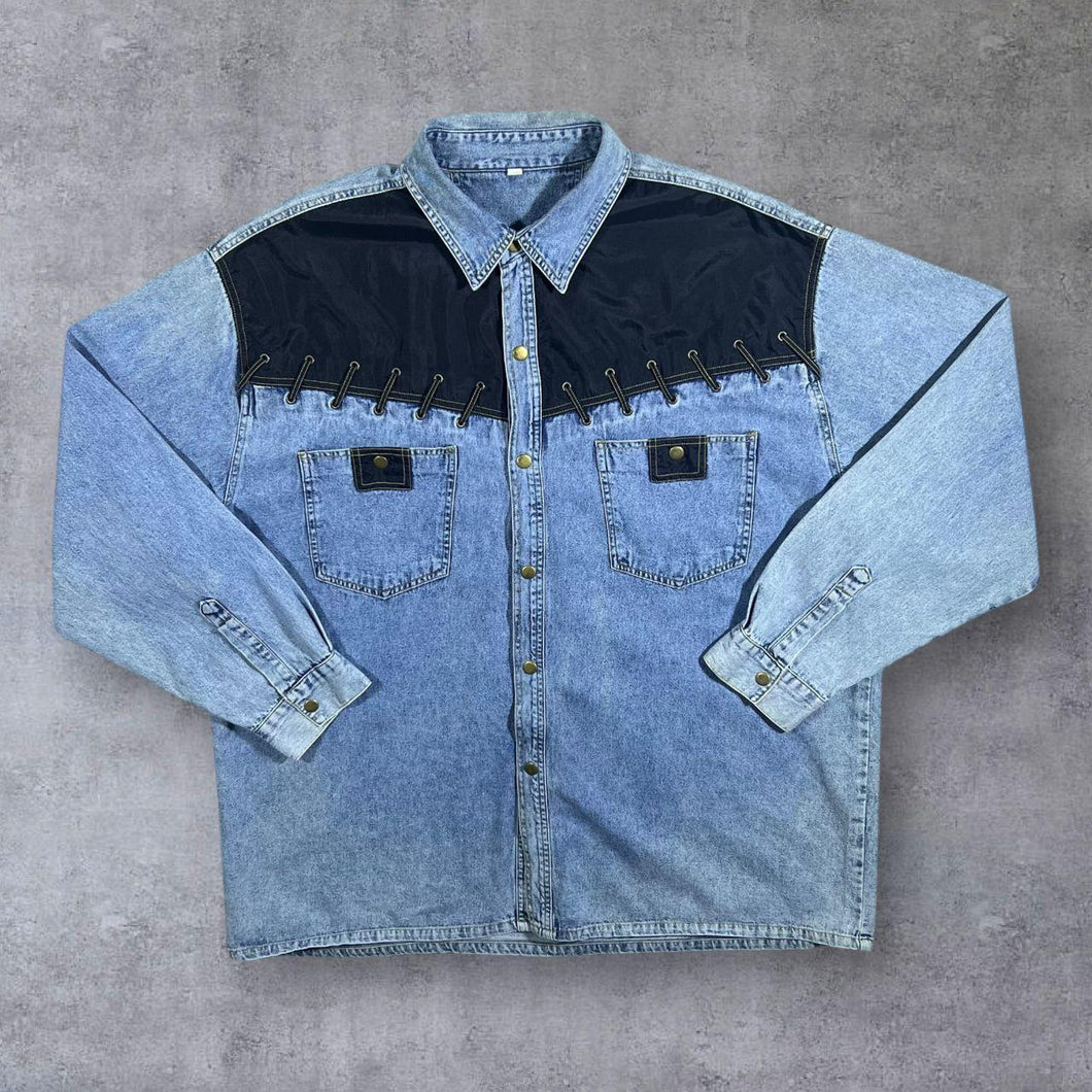 Vintage Cowboy Western Acid Wash Blue Denim Popper Long Sleeve Shirt