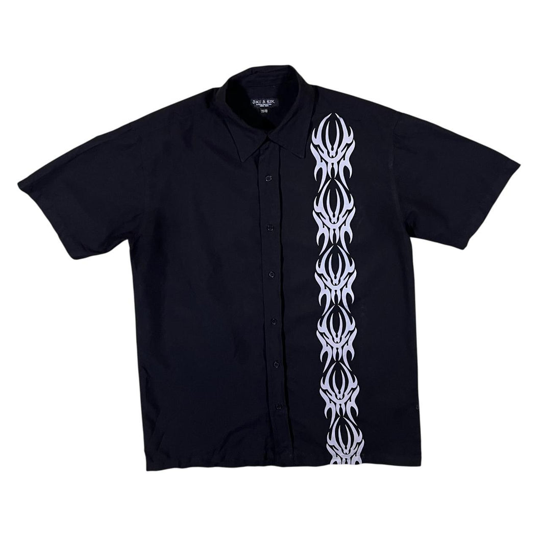 Take A Look Gothic Biker Y2K Tribal Graphic Black Polyester Short Sleeve Shirt