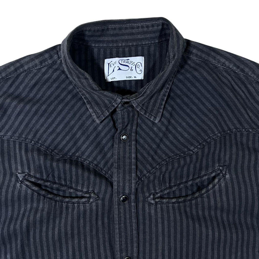 Vintage Levi Strauss & Co Levi's Embroidered Black Grey Striped Long sleeve Popper Shirt