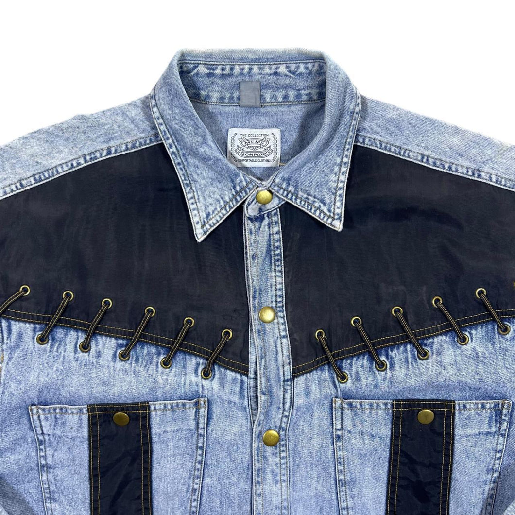 Vintage Men's Company Cowboy Western Stonewashed Blue Denim Popper Long Sleeve Shirt