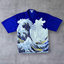 Load image into Gallery viewer, Early 00's Euro Moda The Wave Art Surfer Y2K Graphic Blue Silk Blend Shirt
