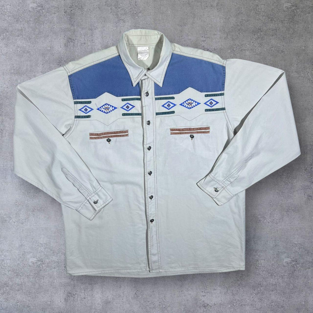 Vintage Cowboy Western Embroidered Aztec Native Cream Blue Cotton Long Sleeve Shirt