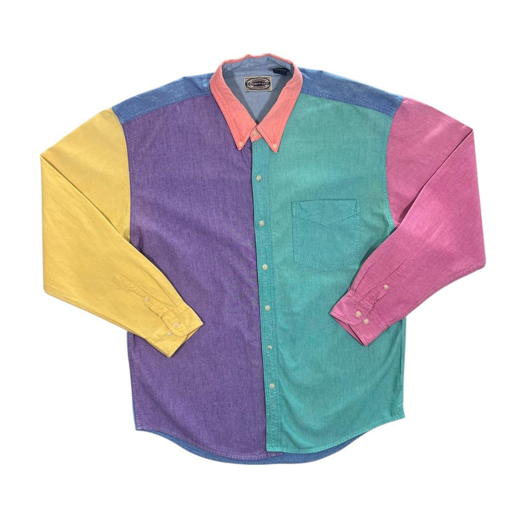 Vintage 90's County Seat Vibrant Colour Block Cotton Long Sleeve Button-Up Shirt
