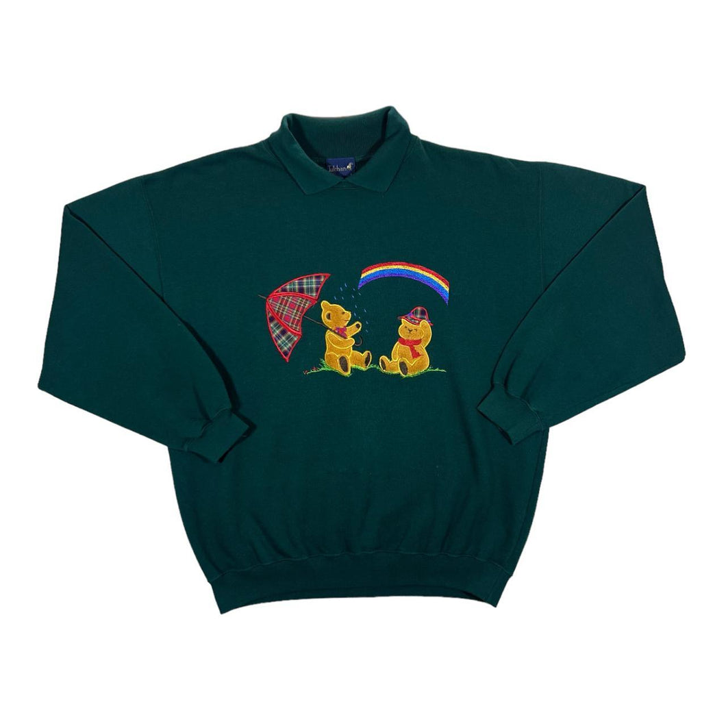 Vintage TULCHAN Embroidered Teddy Bear Cottage Core Green Collared Sweatshirt