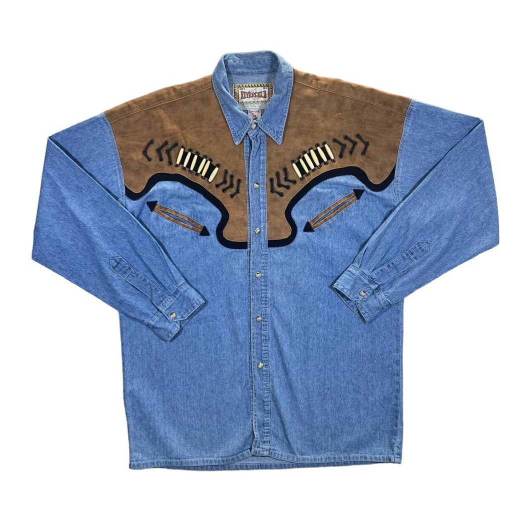 Vintage RIVERGOLD Leather Effect Panel Cowboy Western Long Sleeve Blue Denim Shirt