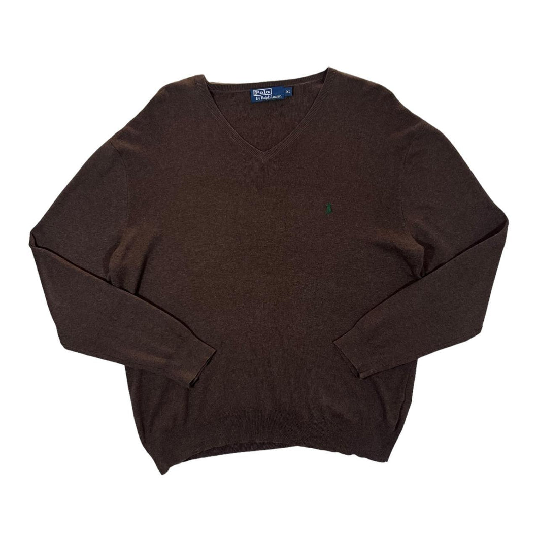 POLO RALPH LAUREN Pima Cotton Embroidered Mini Logo V-Neck Brown Knit Sweater Jumper