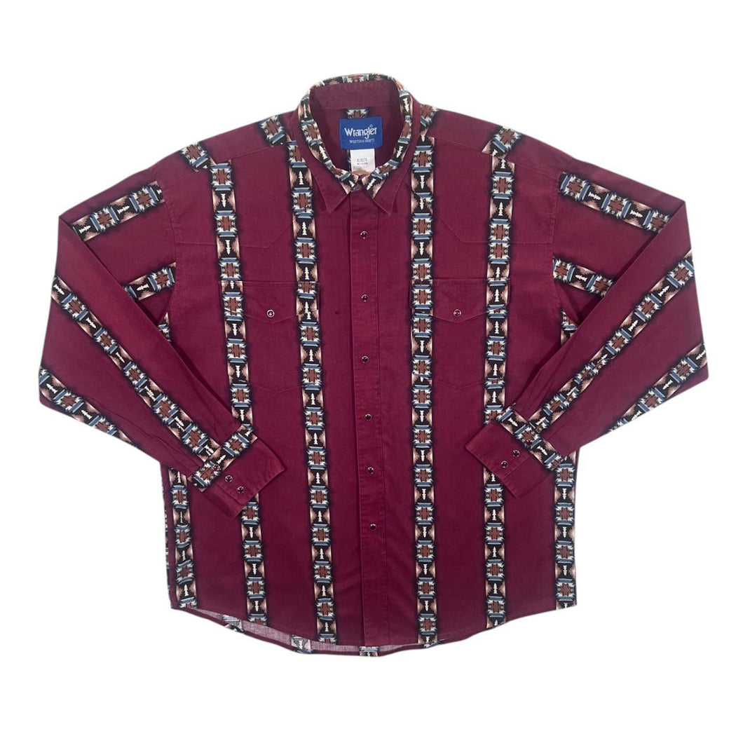 Vintage Wrangler Cowboy Western Patterned Burgundy Popper Long Sleeve Cotton Shirt