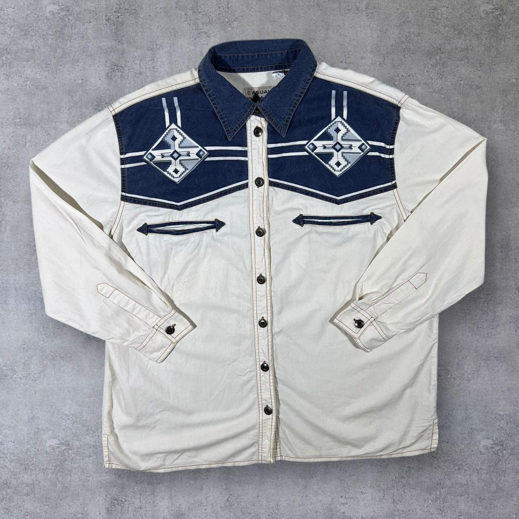 Vintage Casual Wear Aztec Patterned Cowboy Western Cream Cotton Long Sleeve Shirt