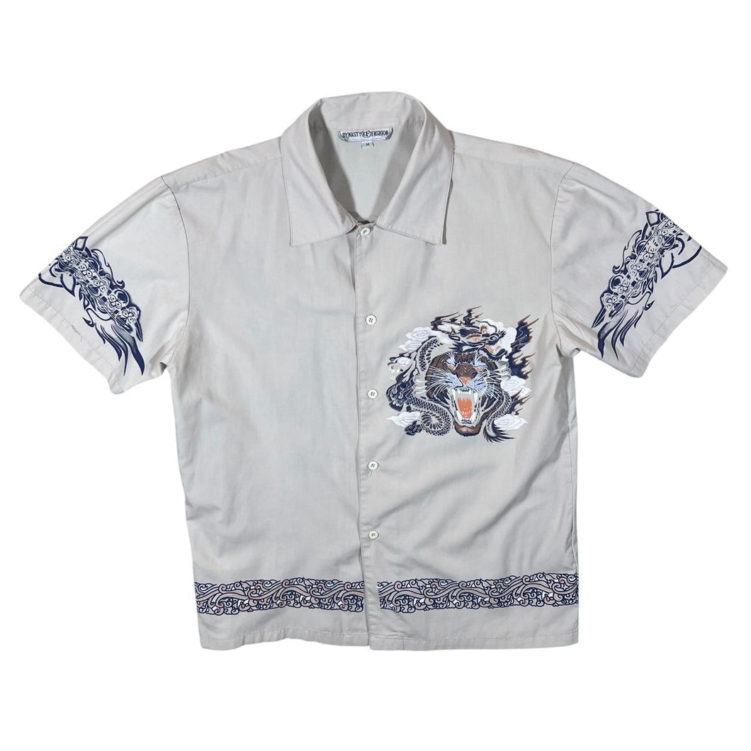 Early 00's Dynasty Fashion Gothic Tiger Dragon Graphic Short Sleeve Viscose Cotton Shirt