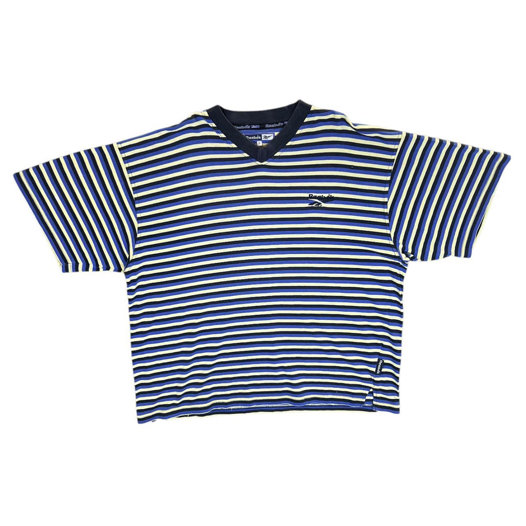 Vintage 90's Reebok Embroidered Mini Logo Multi Striped V-Neck T-Shirt