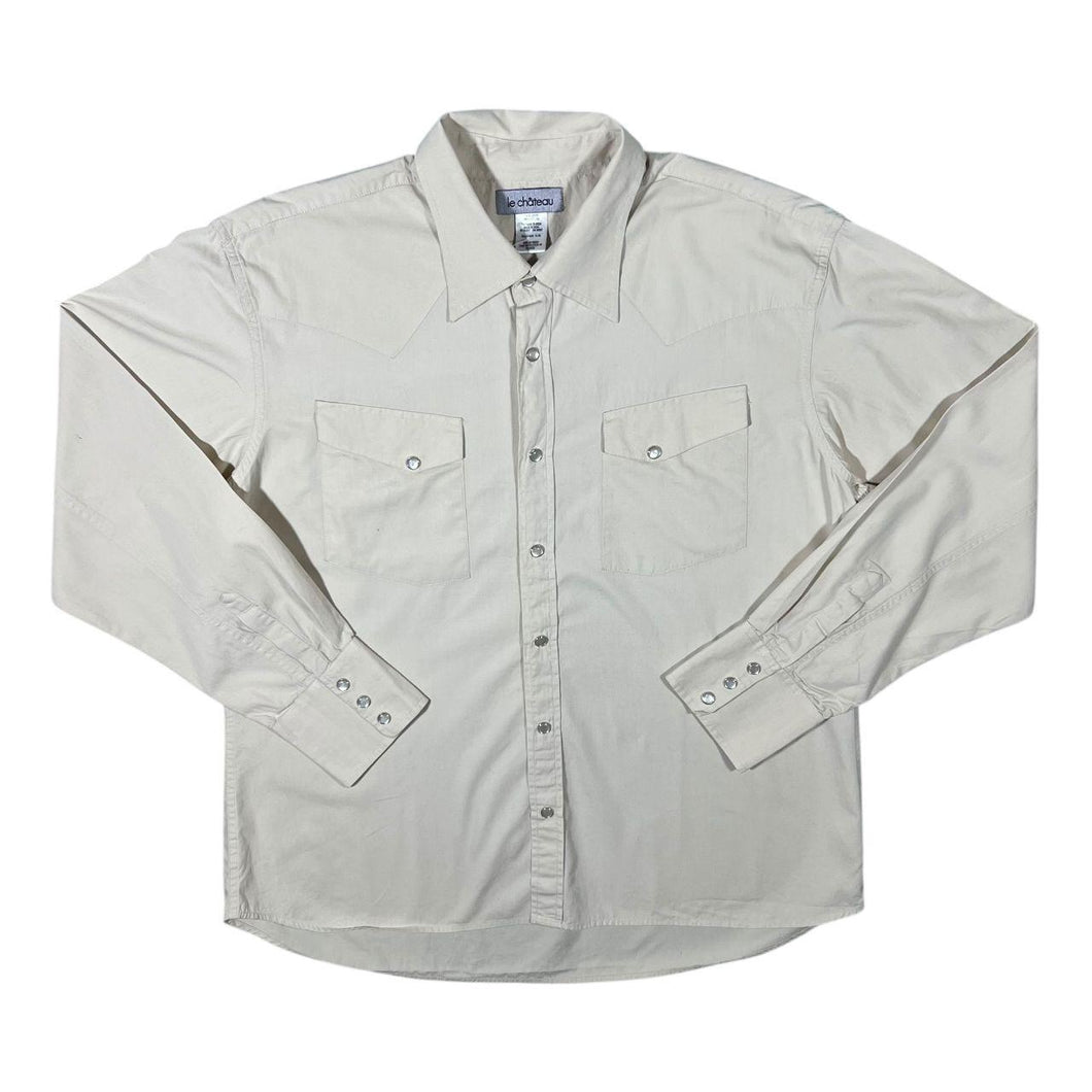 Vintage Le Chateau Beige Cowboy Western Style Popper Cotton Long Sleeve Shirt