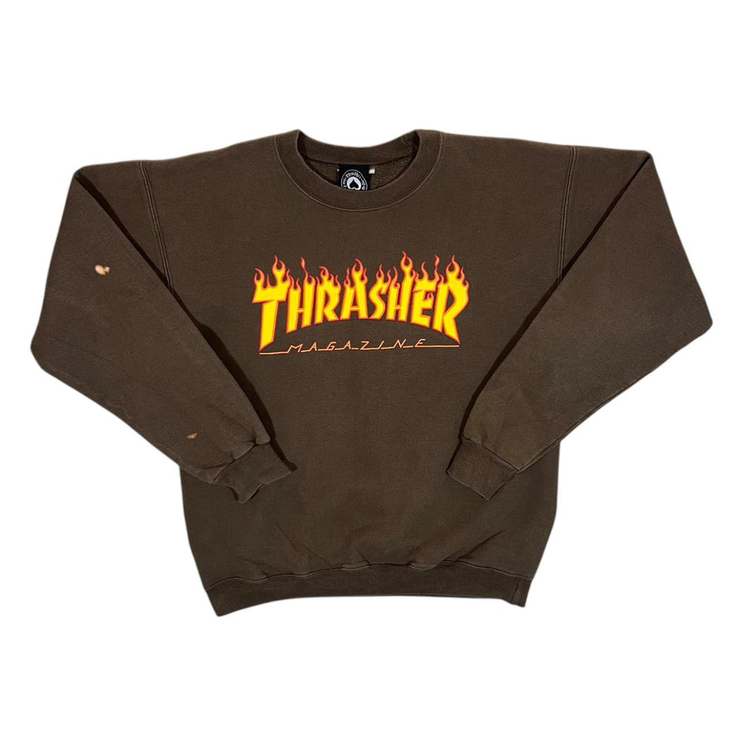 Thrasher Magazine Classic Flaming Skate Spellout Graphic Brown Crewneck Sweatshirt