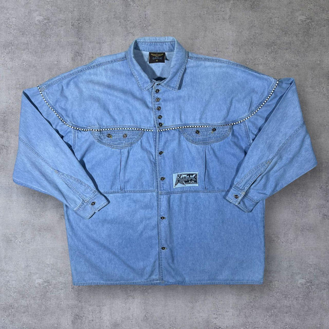 Vintage Eagle Active Life Cowboy Western Blue Denim Cotton Long Sleeve Shirt