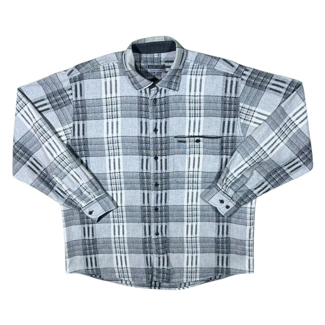 Vintage Basic Line Grey Black White Plaid Check Cotton Long Sleeve Flannel Shirt