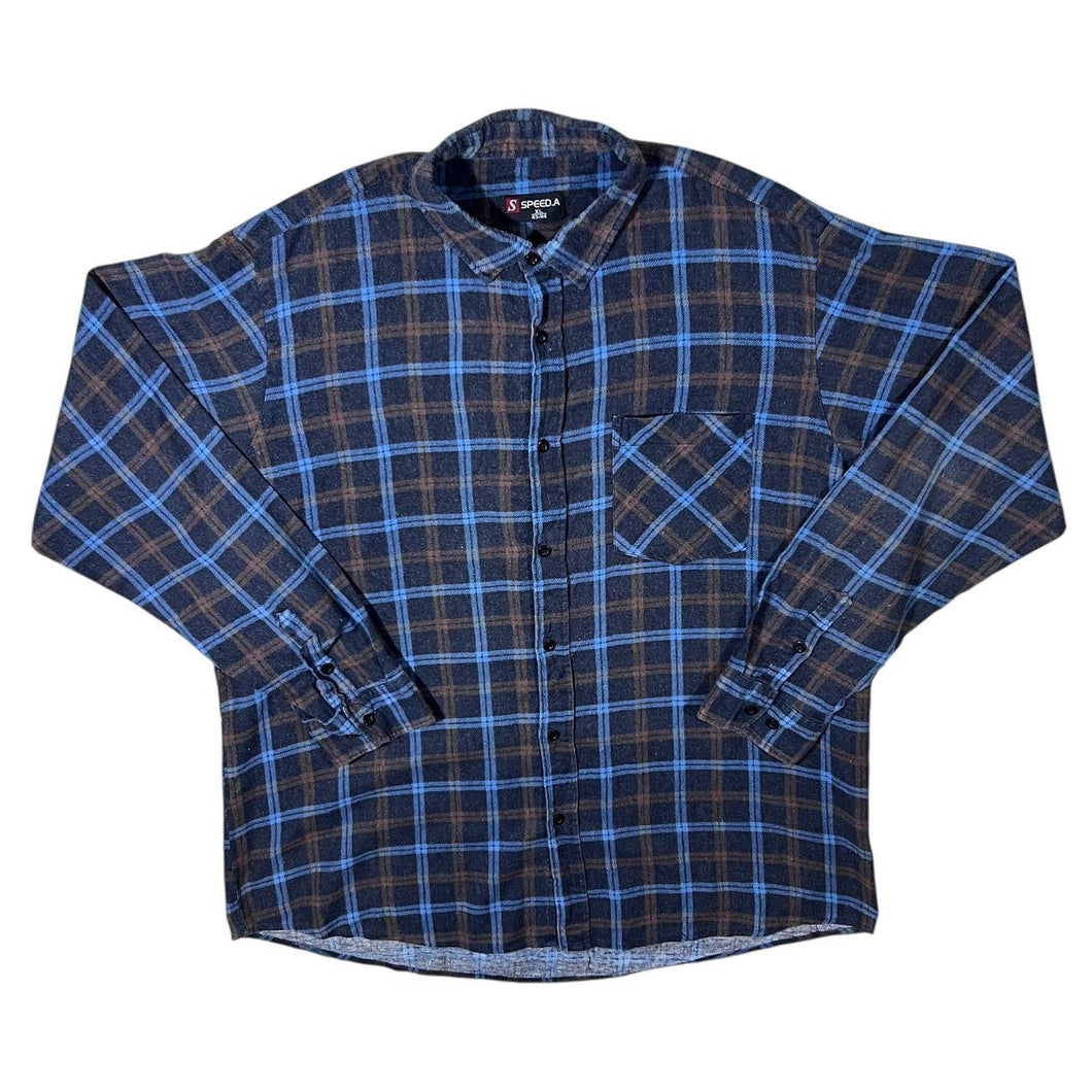Vintage Speed.A Navy Blue Brown Plaid Check Cotton Long Sleeve Flannel Shirt