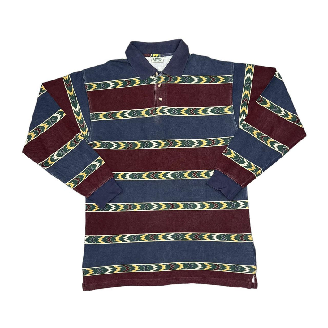 Vintage CASUAL CLUB Aztec Navajo Abstract Patterned Colour Block Long Sleeve Polo Shirt Sweatshirt