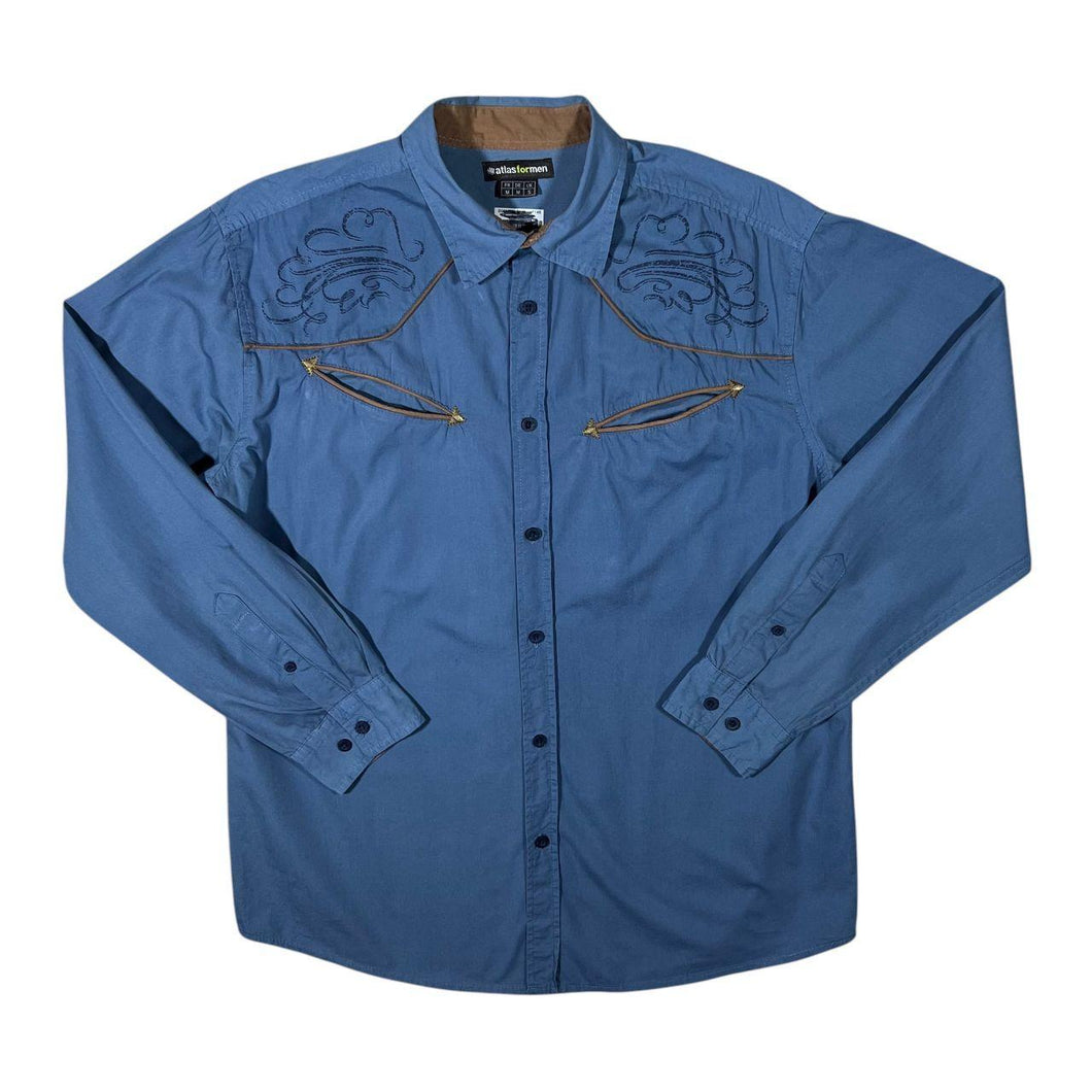 Atlas For Men Cowboy Western Blue Cotton Long Sleeve Shirt