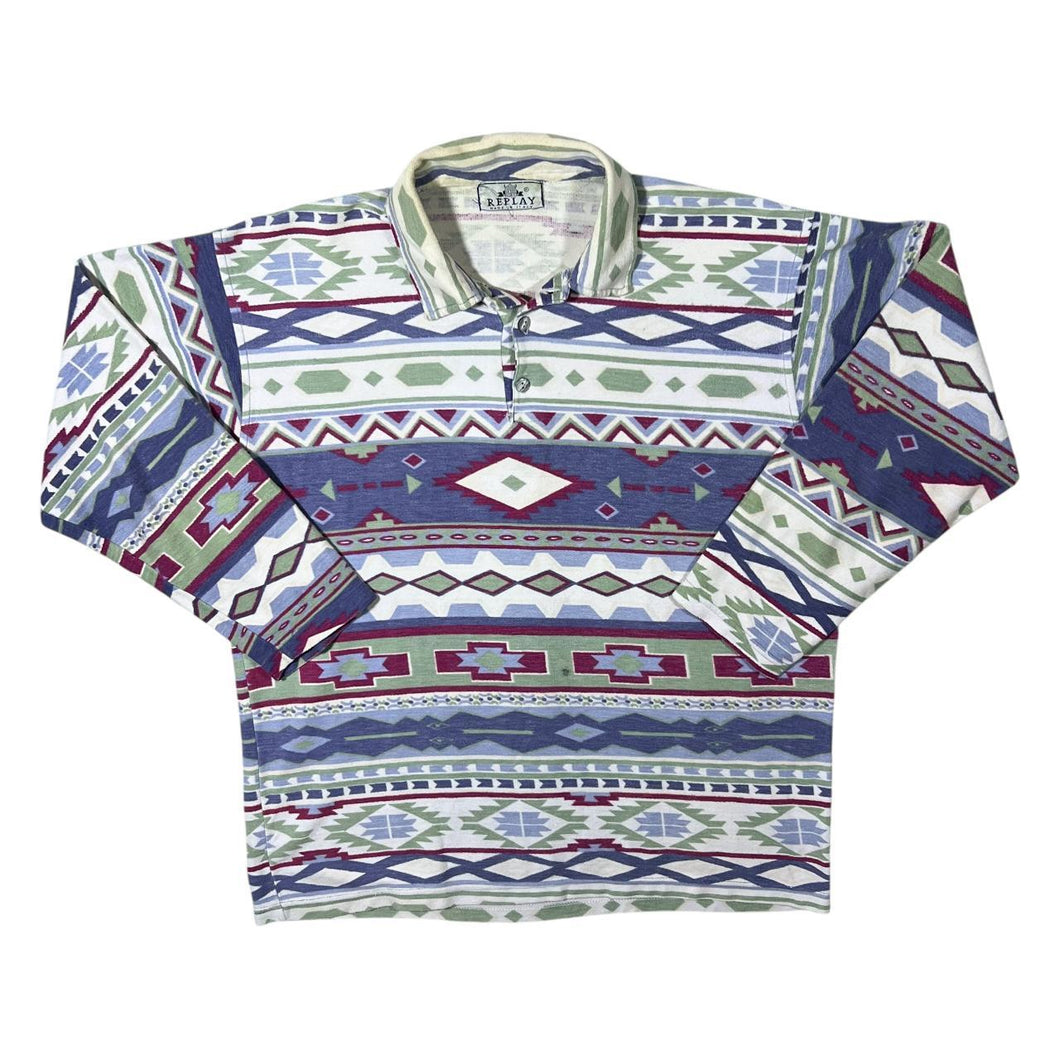 Vintage Replay Aztec Crazy Abstract Patterned Long Sleeve Polo Shirt