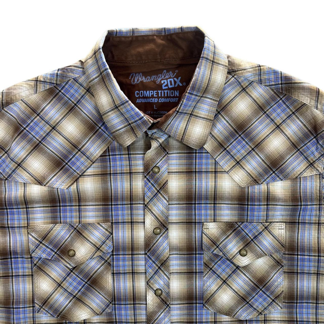 Wrangler 20X Cowboy Western Brown Blue Plaid Check Long Sleeve Shirt