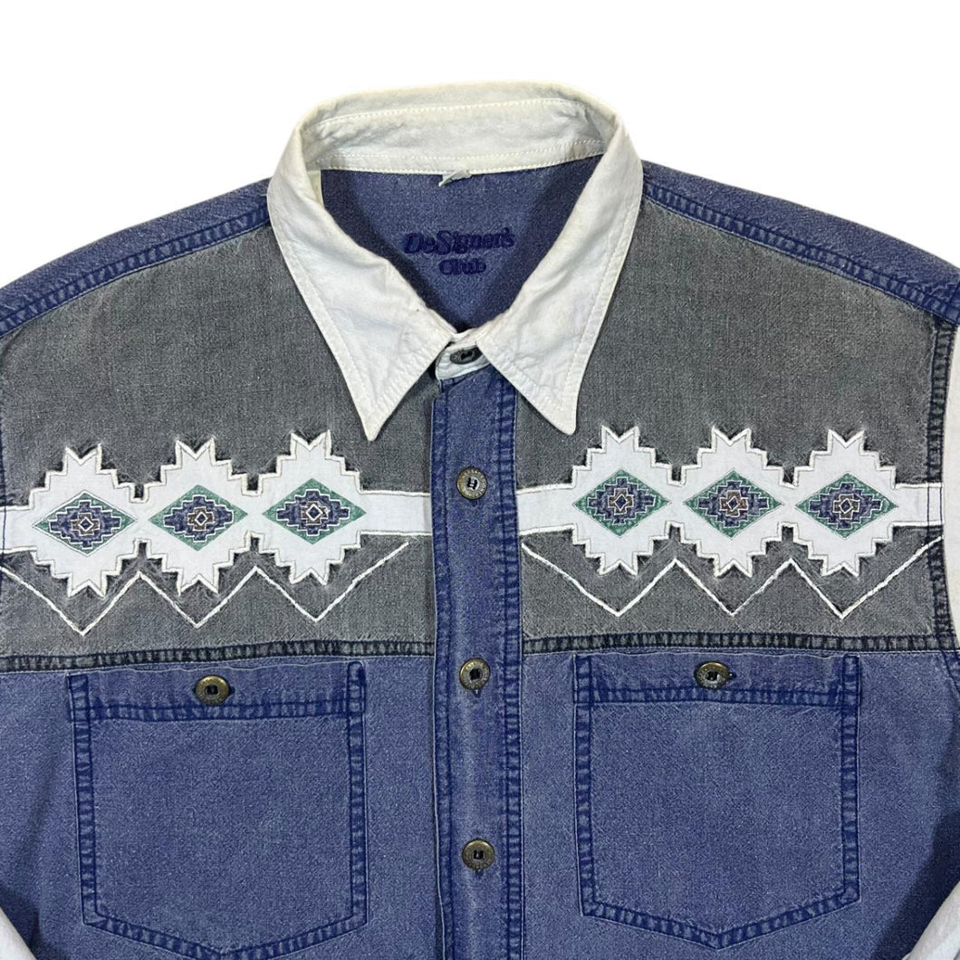 Vintage Designer's Club Cowboy Western Aztec Patterned Blue Denim Long Sleeve Shirt