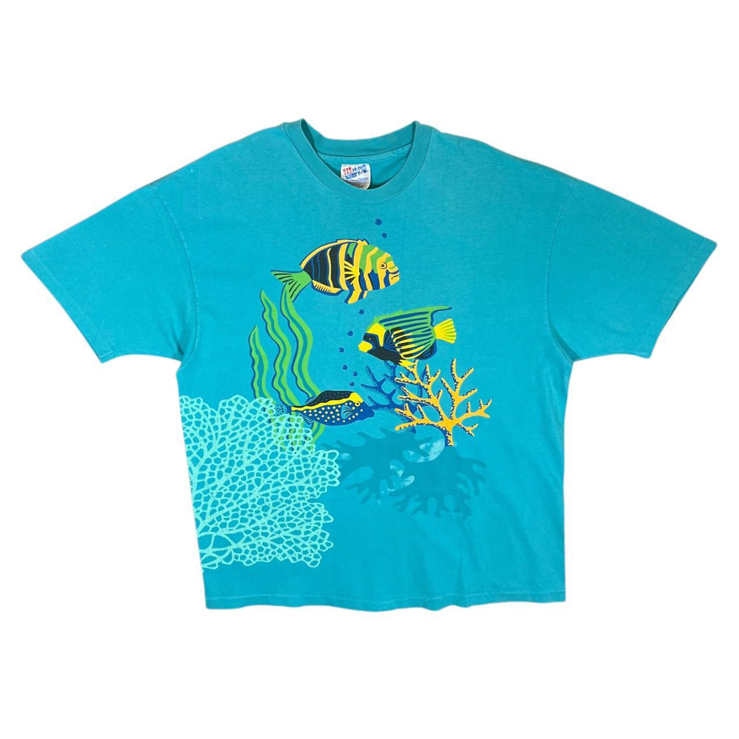 Vintage 90's HANES Tropical Fish Wildlife Graphic Blue Single Stitch T-Shirt