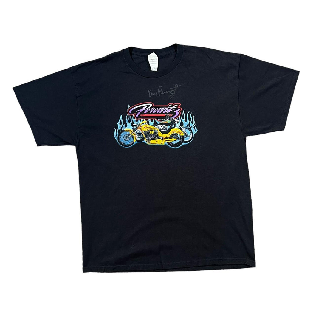 SIGNED Delta DAVE PEREWITZ Gothic Flaming Biker Spellout Graphic T-Shirt