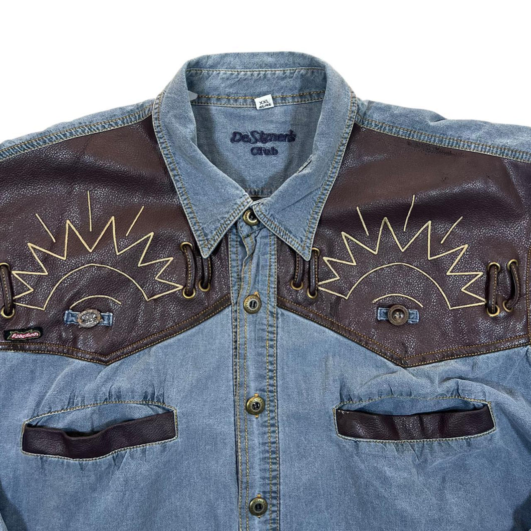 Vintage DeSigner's Club Cowboy Western Blue Brown Cotton Long Sleeve Shirt