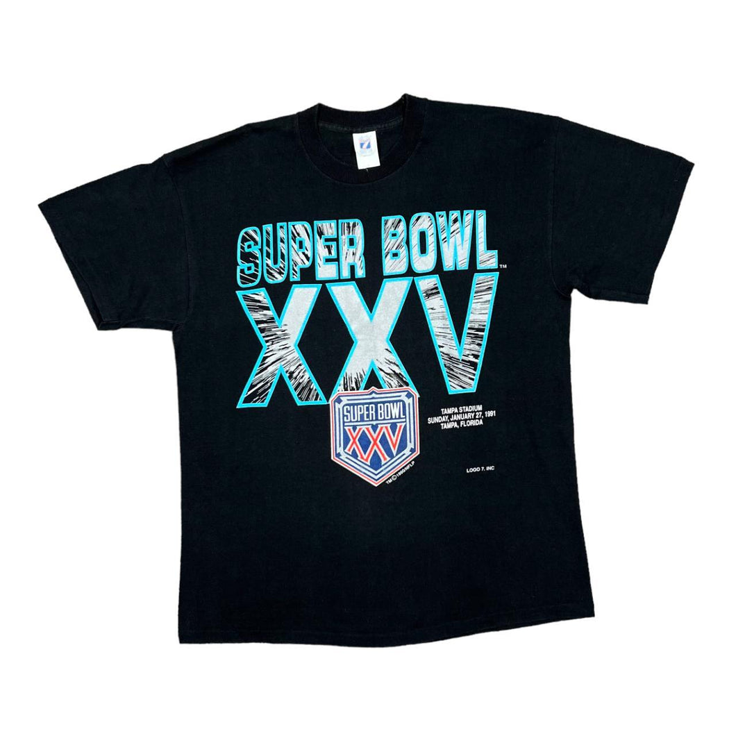 Vintage Logo 7 (1991) SUPER BOWL XXV Spellout Football Graphic Single Stitch T-Shirt