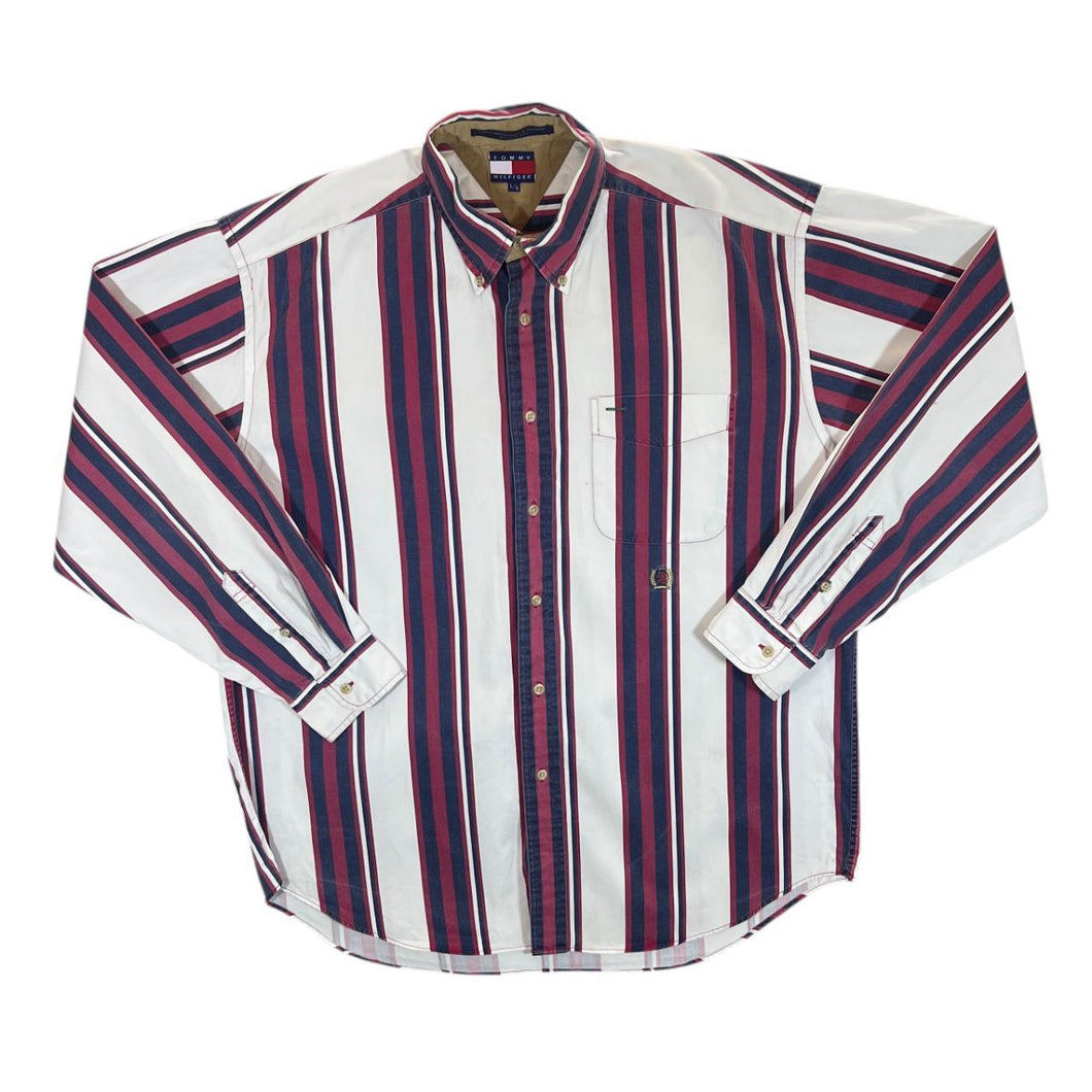 Vintage TOMMY HILFIGER Red Blue White Multi Striped Long Sleeve Button-Up Shirt