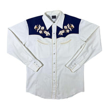 Load image into Gallery viewer, Vintage Cowboy Western Embroidered Floral Navy Blue White Long Sleeve Popper Shirt
