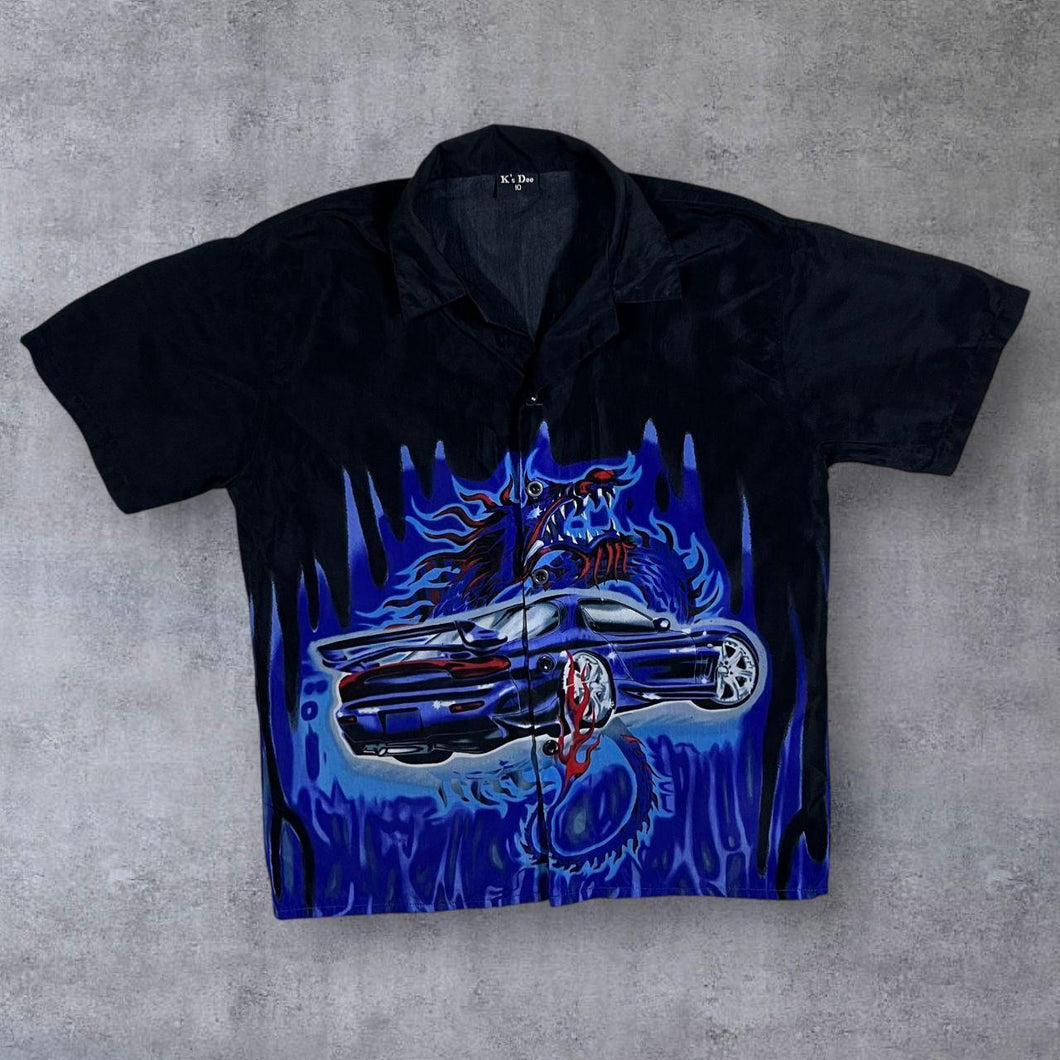 Early 00's K's Dee Gothic Y2K Tribal Flaming Dragon Car Short Sleeve Shirt