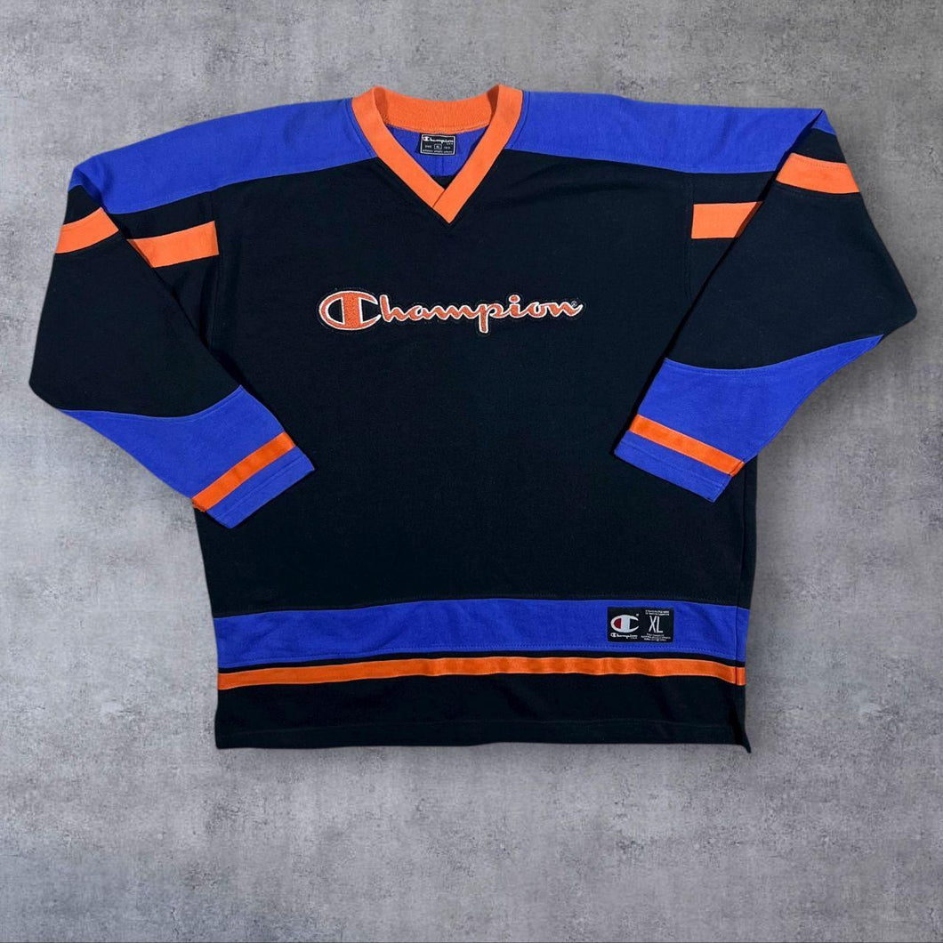 Vintage Champion Embroidered Spellout Colour Block V-Neck Sweatshirt